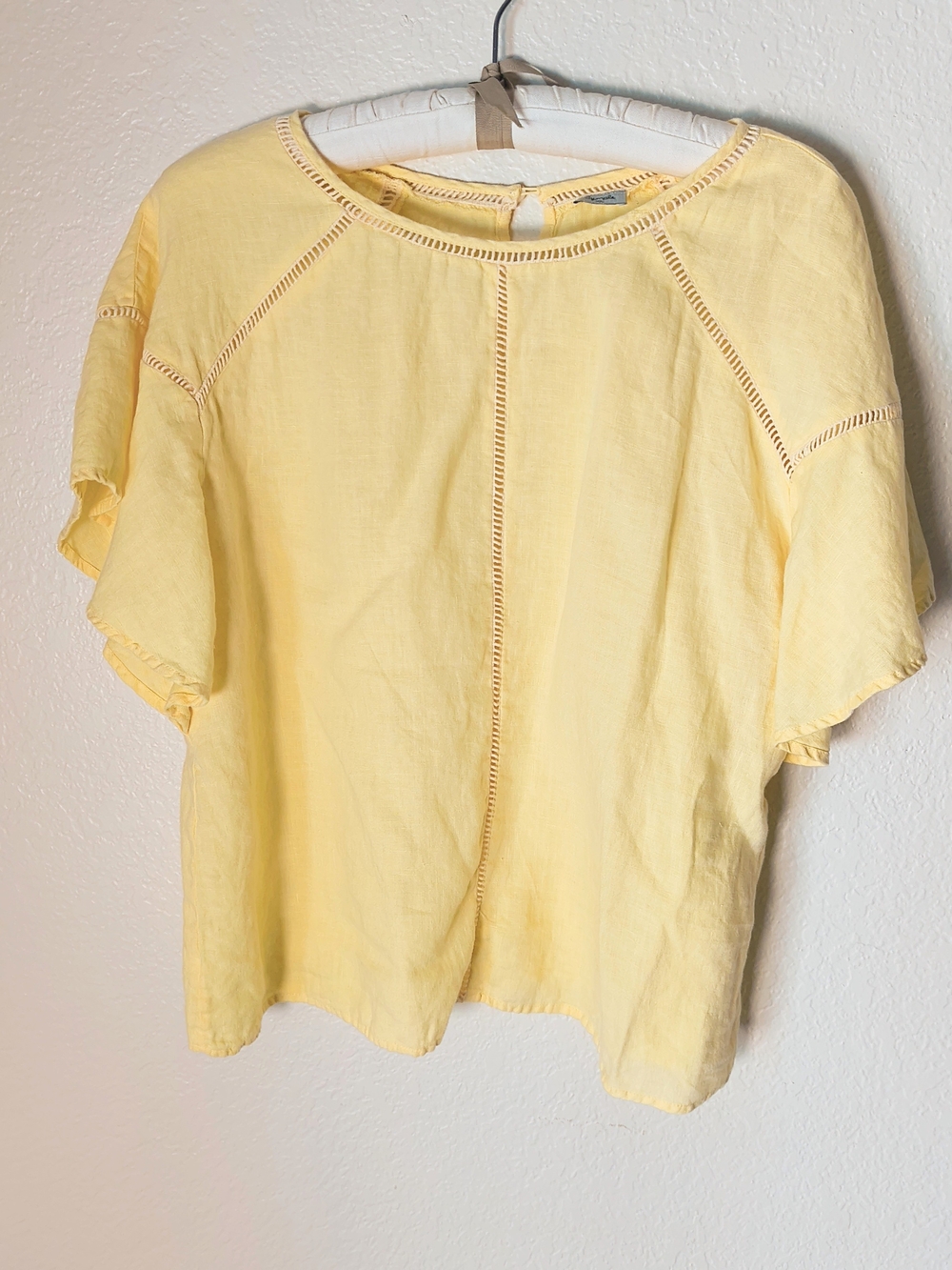 Yellow Linen-Blend Short Flutter Sleeve Top